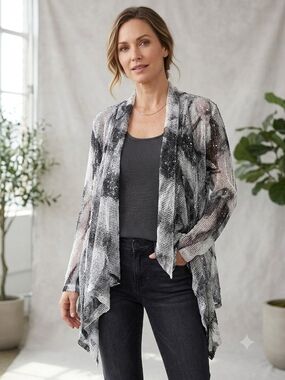 Impulse California Black & White Watercolor Draped Cardigan    Size L.  S 21